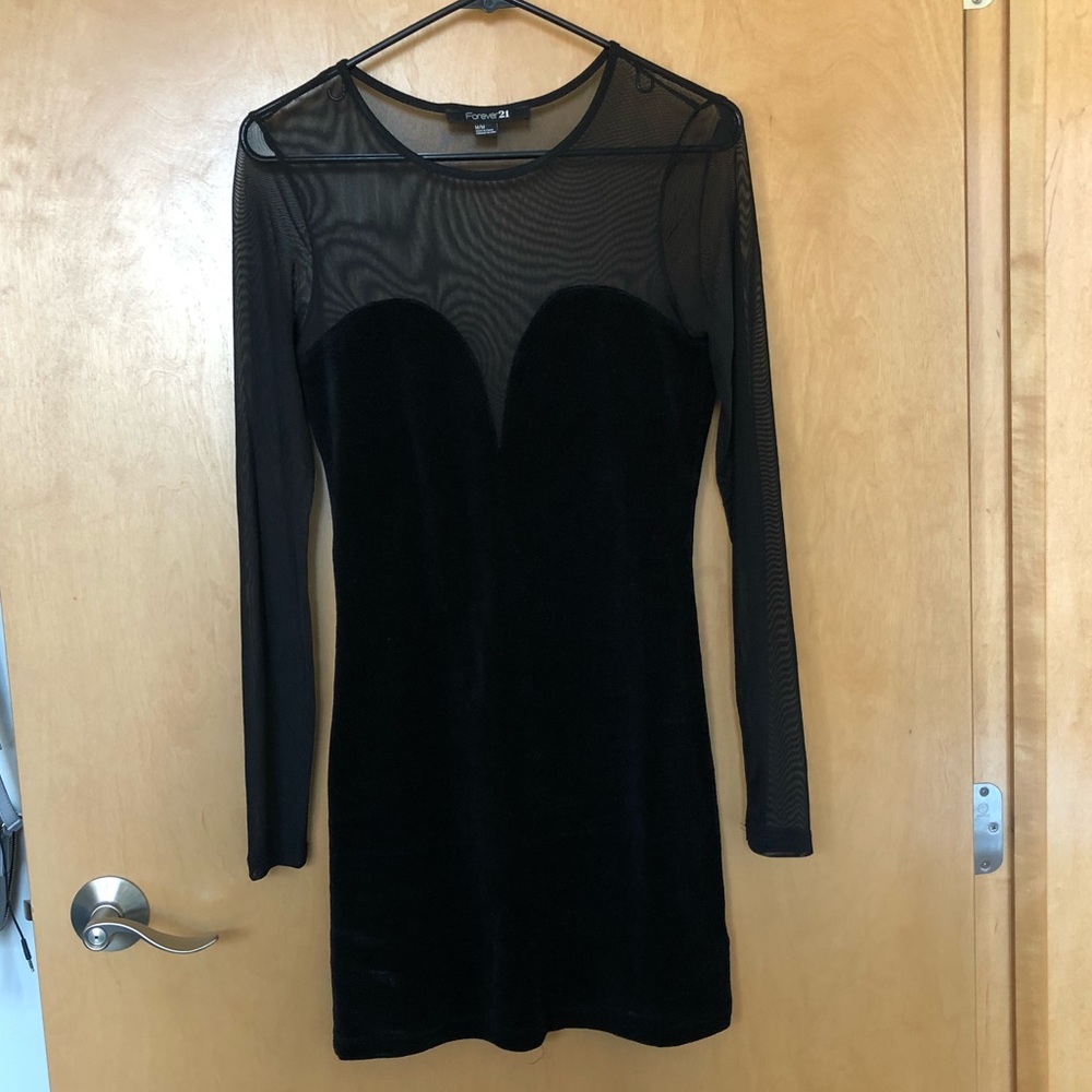 Velvet open back mesh black dress